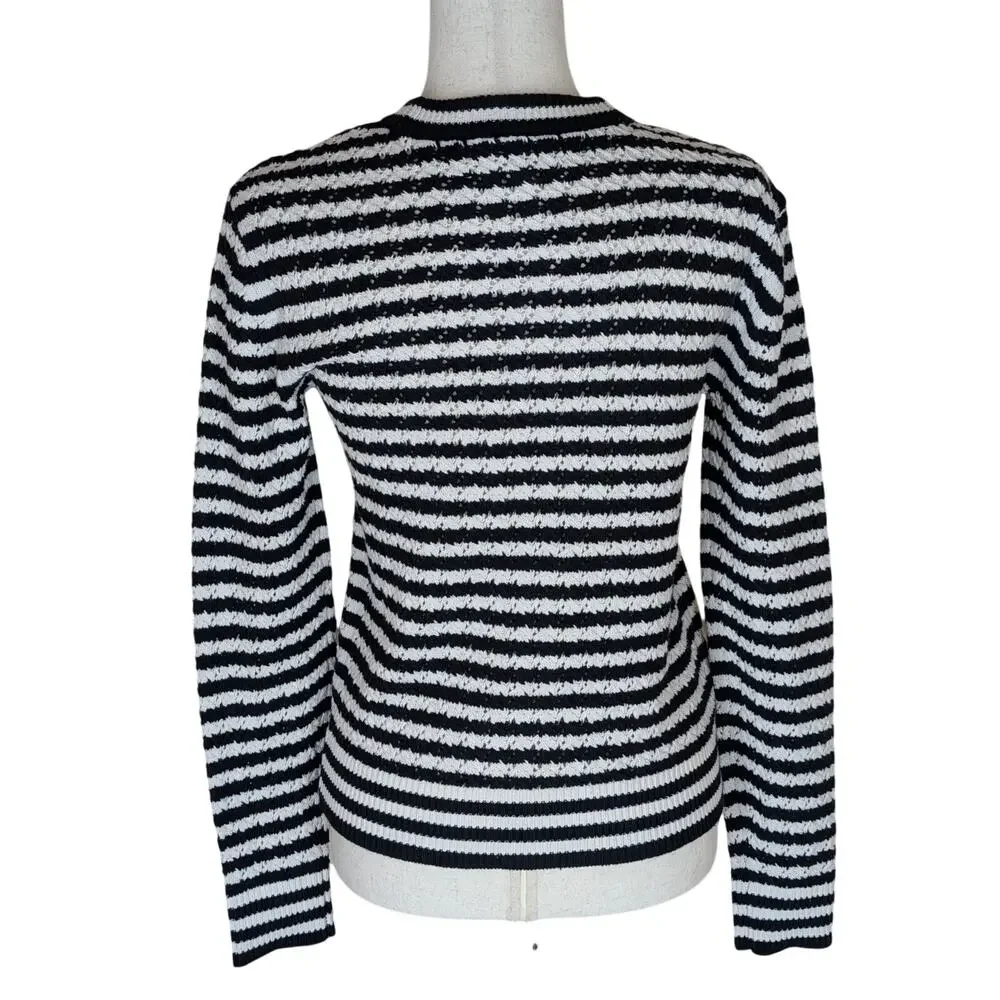 LOFT Pointelle Striped Cardigan Size XS Black White Stripe Gold Buttons Crochet